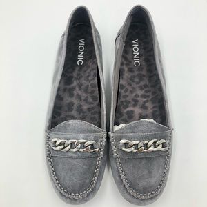 Vionic Gray Loafers with Silver Chain Detail